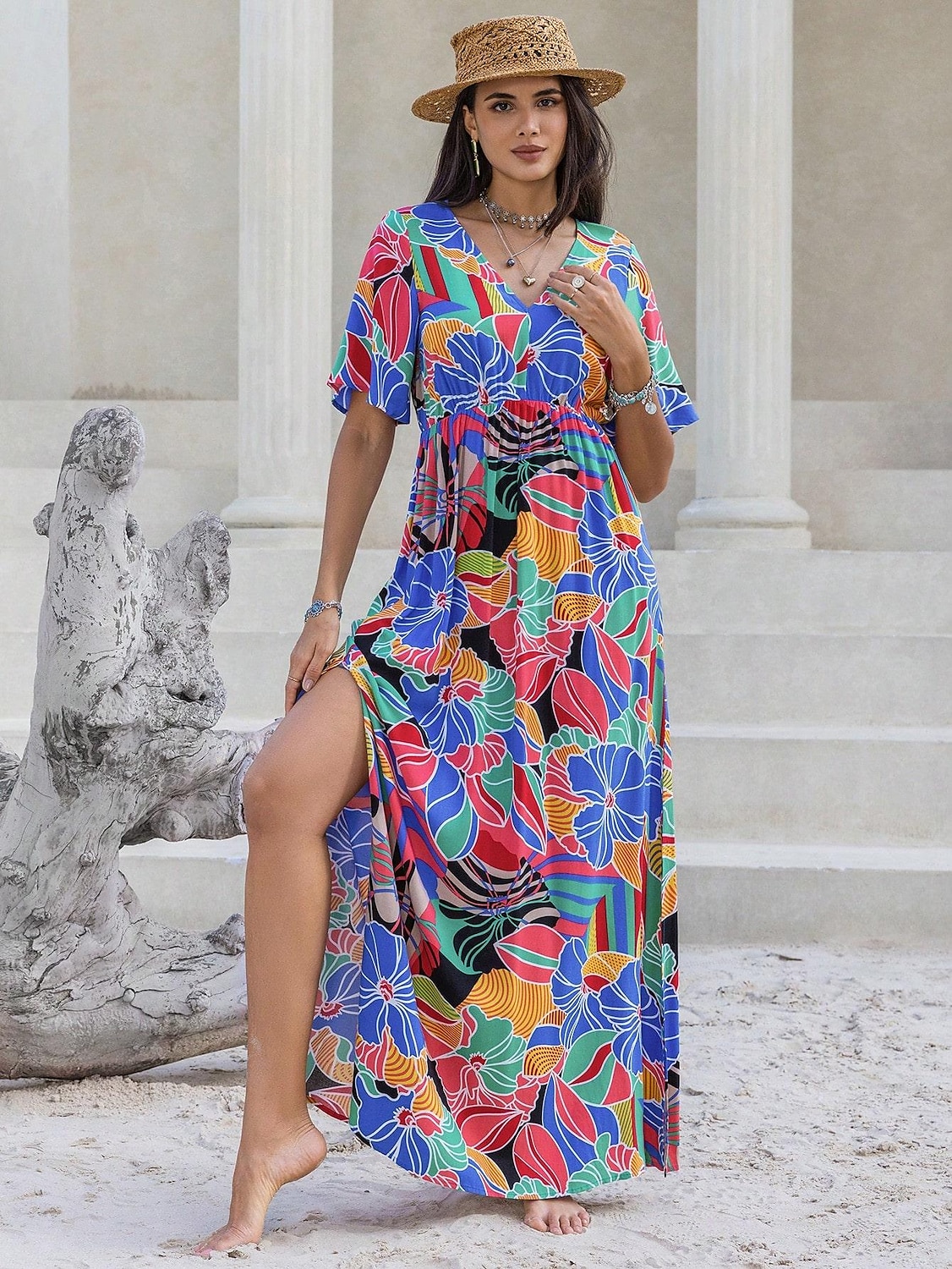 Damen kleid lang Chiffon-Kleid Elegant Böhmen Vintage Urlaub Party Täglich Lockere Passform Blumen Kurzarm Asymmetrisch Blau Sommer 2025 - $41.99 –P7