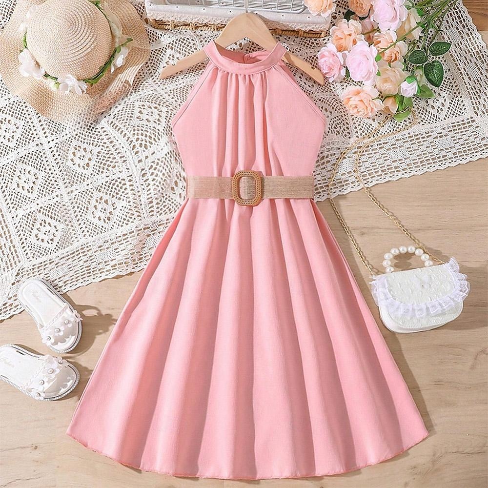 Kids Girls' Dress Solid Color Halter Neck Dress Above Knee Dress School Halter Off Shoulder Sleeveless Fashion Dress 7-13 Years Summer Light Green 2025 - $22.99 –P14
