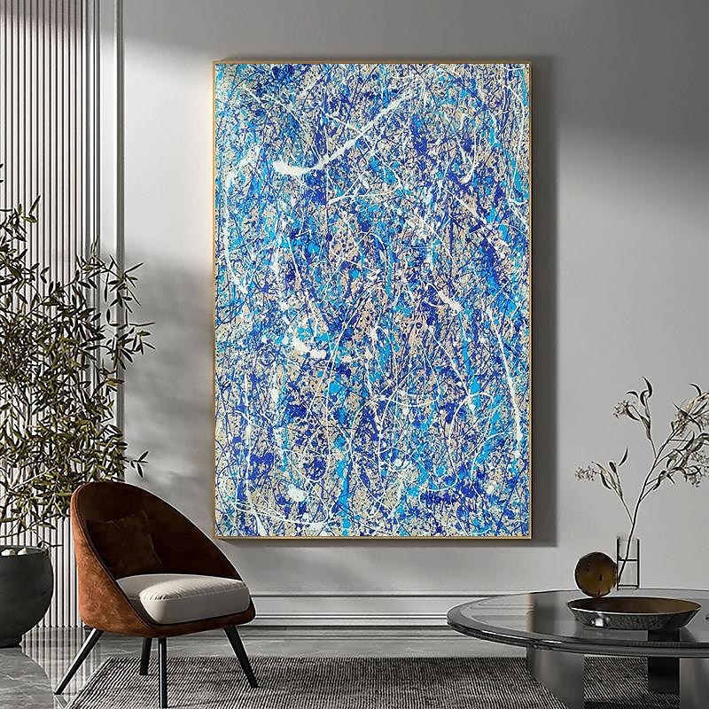 handmålad jackson pollock abstrakt illustration målning blå vita linjer kanfasmålning för vardagsrumsvägg (ingen ram) 2025 - $108.99 –P6