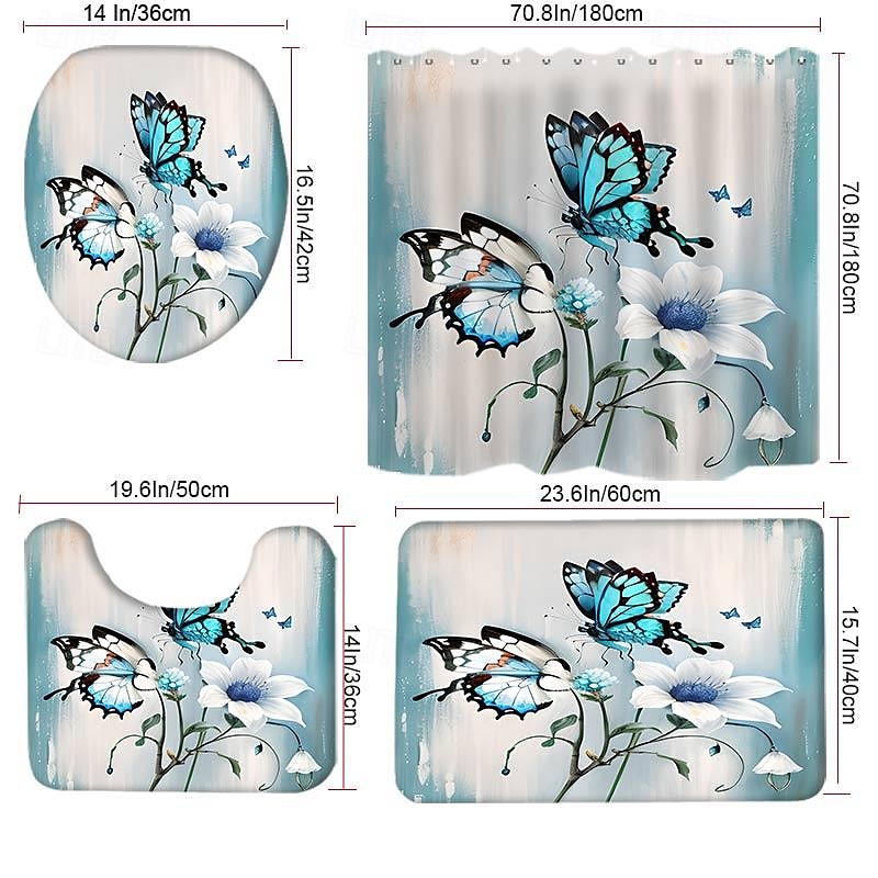 Pillangó fürdőszobai dekó 4 db-os zuhanyfüggöny szett 180cm*180cm(70"*70") fürdőszobai szettek modern otthoni fürdőszobai dekoráció fürdőszőnyeg U alakú és WC fedél szőnyeg 12 kampóval 2025 - $41.99 –P3