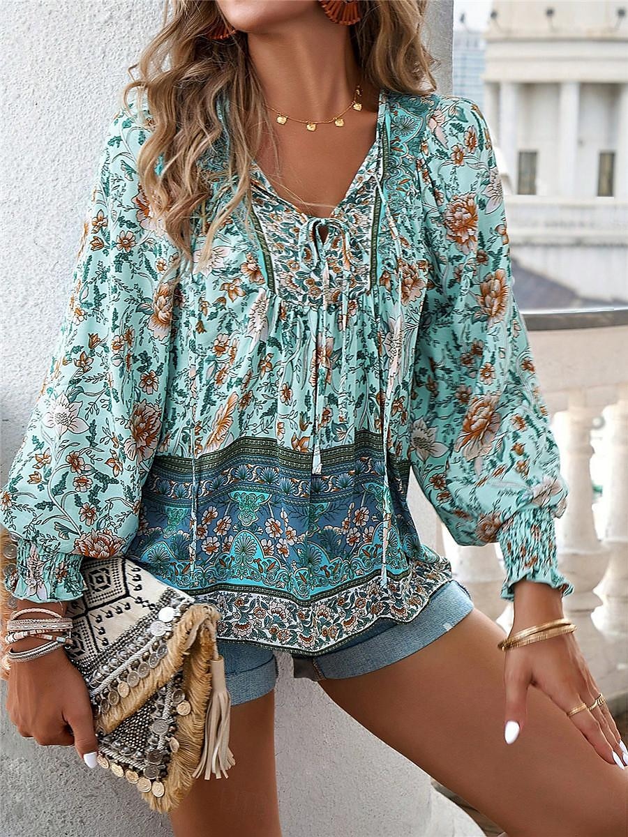 dameskjorte bluse casual boho floral blondetrykk lange ermer vanlige topper v-hals ferie strand rosa marineblå blå oransje sommer 2025 - $31.99 –P9