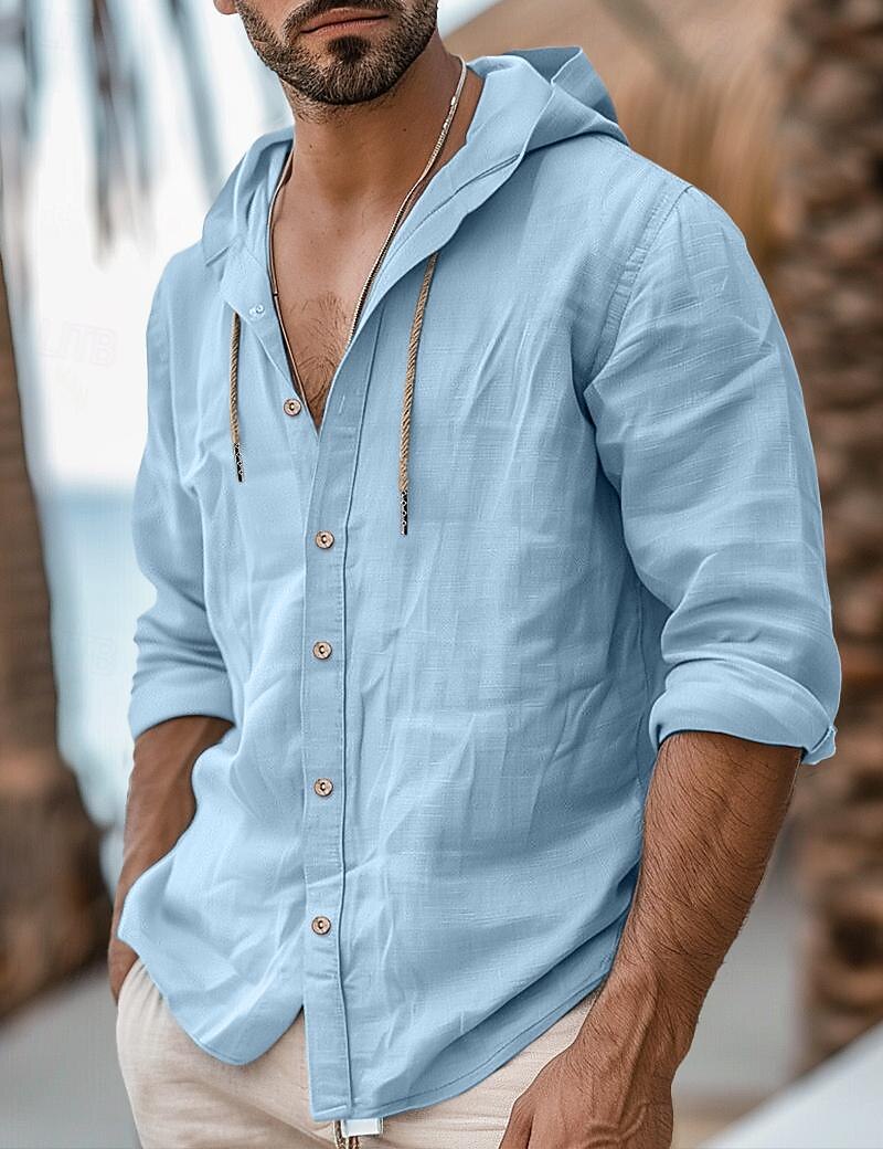 Hombre Camisa camisa de lino Plano Casual Diario Negro Blanco Azul Piscina Caqui Manga Larga Con Capucha Primavera verano Ropa Botones 2025 - $25.99 –P1