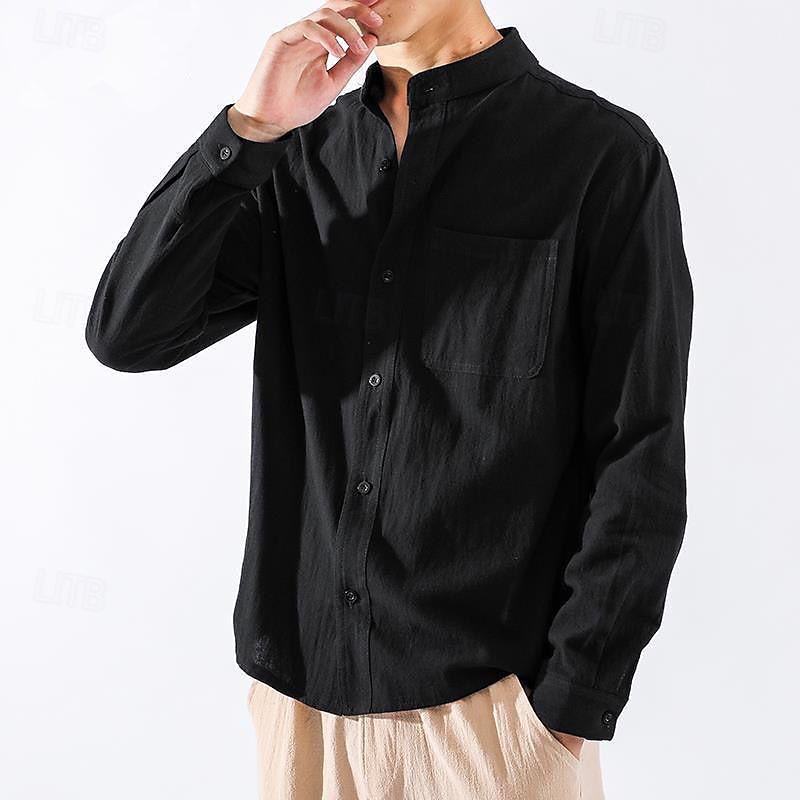 Per uomo Camicia in cotone e lino Camicia con colletto cinese Camicia con colletto alla coreana Semplice Vacanza Nero Bianco Verde militare Manica Lunga Colletto alla coreana Abbigliamento Tasca del 2025 a $25.99 –P7