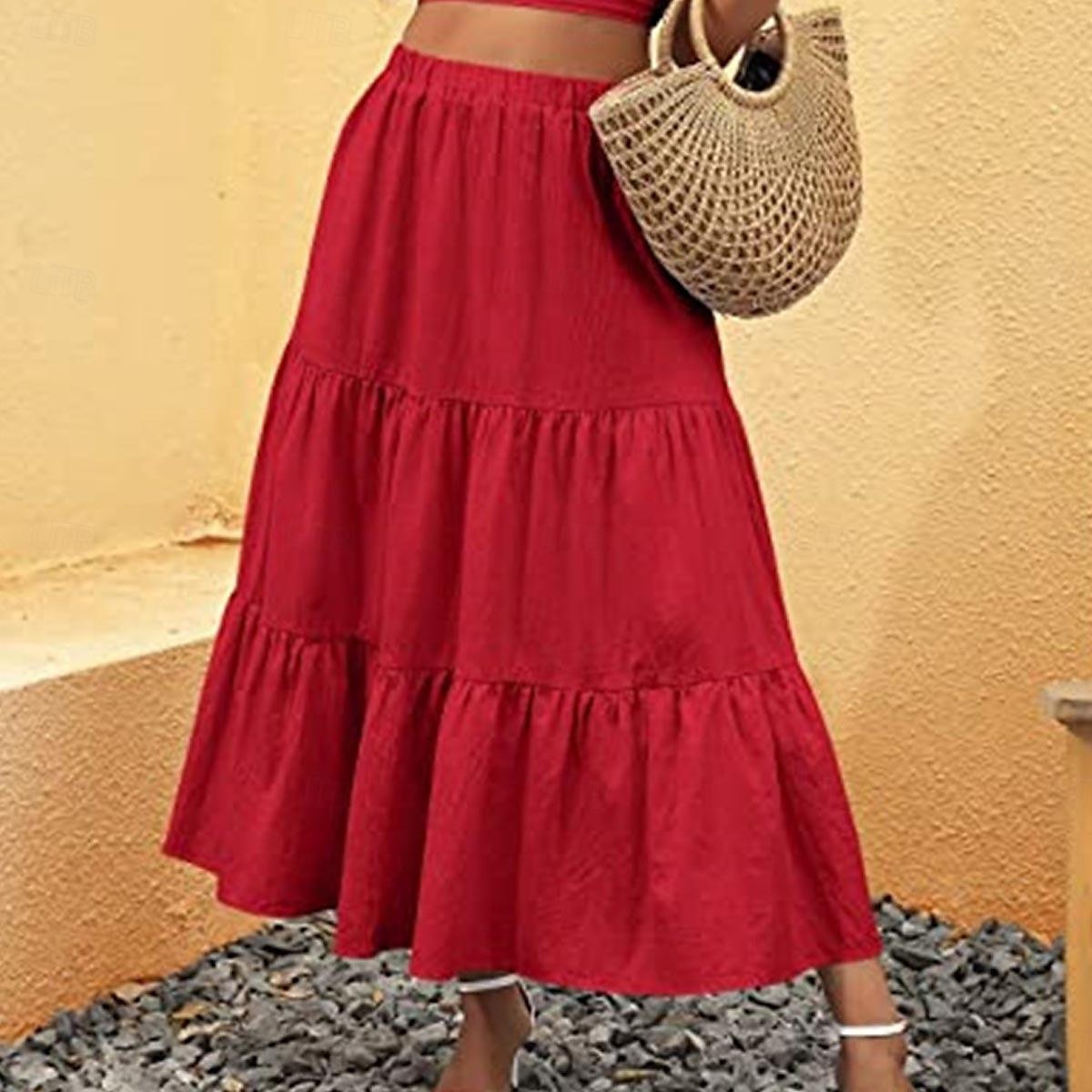 Damenrock A-Linie Swing Maxiröcke Rüschen Tasche einfarbig lässig Alltag Wochenende Sommermode lässig schwarz weiß rot hellblau 2025 - $23.99 –P11