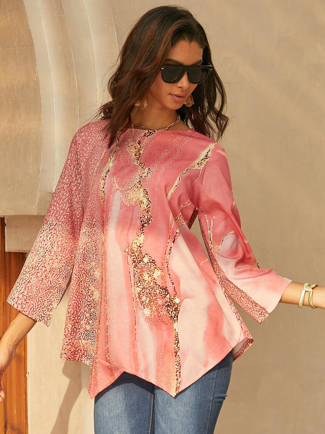 Kvinnors blus chiffong daglig grundläggande neongrön  ljus abstrakt tryck långärmad lång toppar rund hals avslappnad ljusgrön rosa blå grön beige höst  vinter 2025 - $24.99 –P11