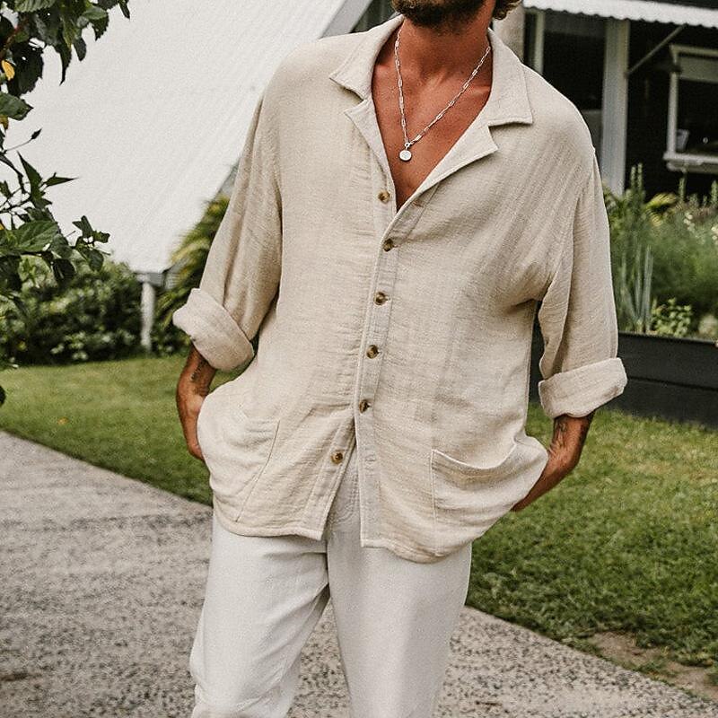 Per uomo Camicia Camicia di lino Camicia bianca di cotone Camicia casual Camicia in cotone e lino Camicia di cotone Semplice Vacanza Camicia hawaiana Bianco Albicocca Manica Lunga Collo Camp del 2025 a $29.99 –P1