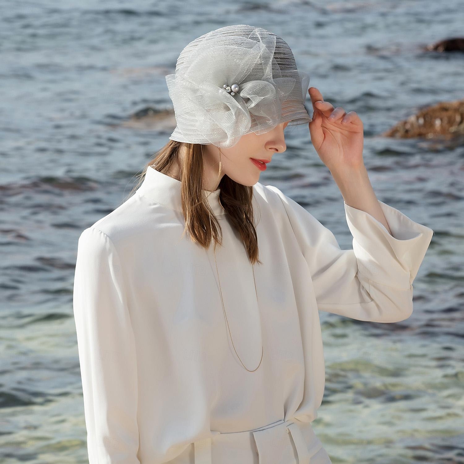 Hatter Fiber Bøttehatt Solhatt Bryllup Te Fest Elegant Bryllup Med Blomster Perledetaljer Hodeplagg Hodeplagg 2025 - $35.99 –P14