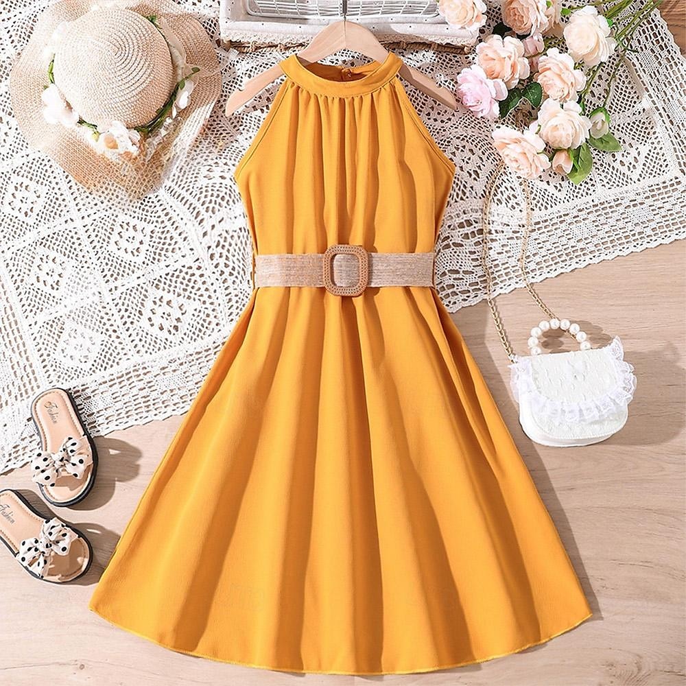Kids Girls' Dress Solid Color Halter Neck Dress Above Knee Dress School Halter Off Shoulder Sleeveless Fashion Dress 7-13 Years Summer Light Green 2025 - $22.99 –P13