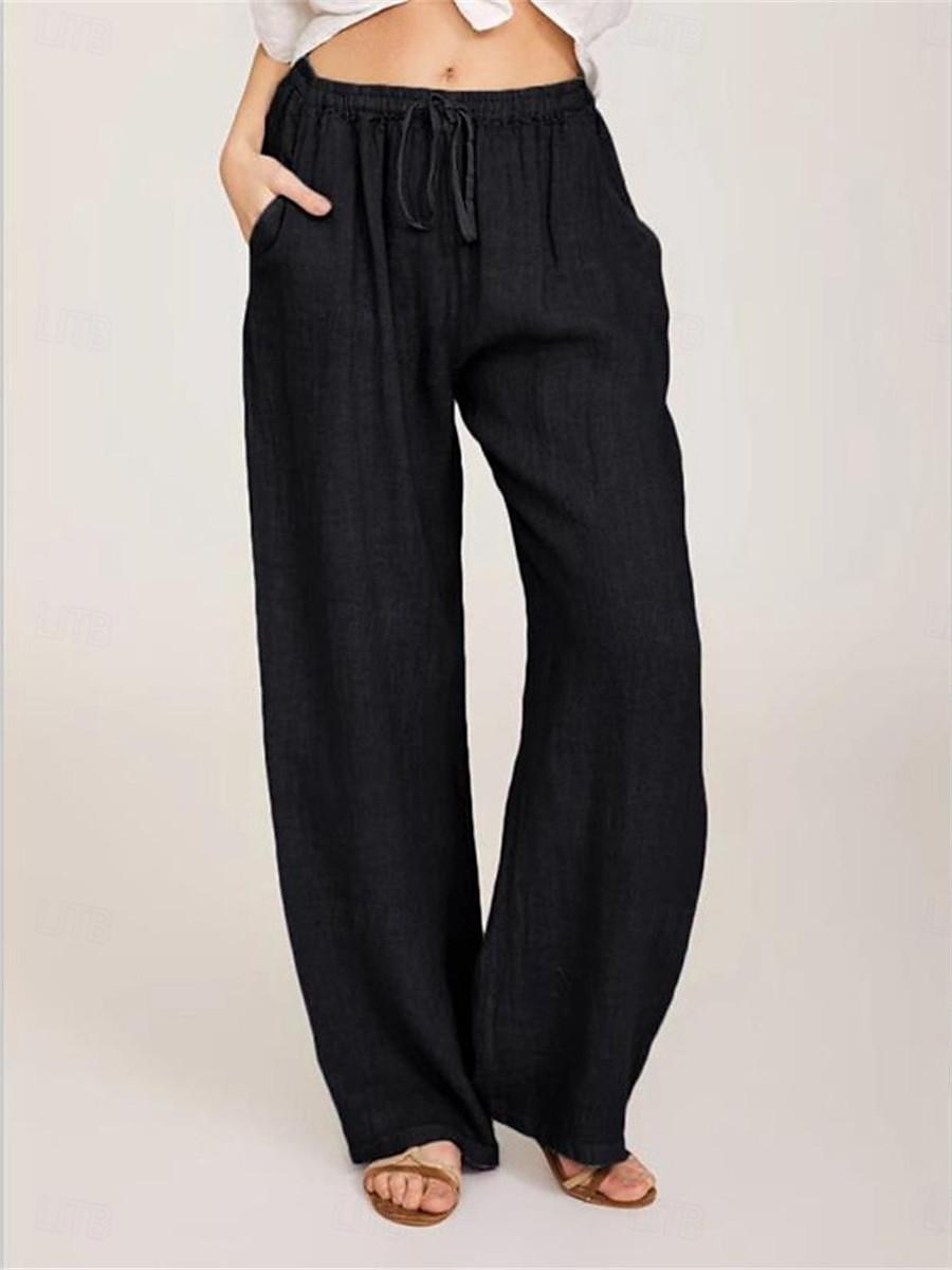 Damen Hose aus Baumwollleinen Komfort Einfarbig Tasche Elastischer Bund Atmungsaktiv Mikroelastisch Heim Schwarz Weiß Wein Marineblau Sommer 2025 - $21.99 –P5