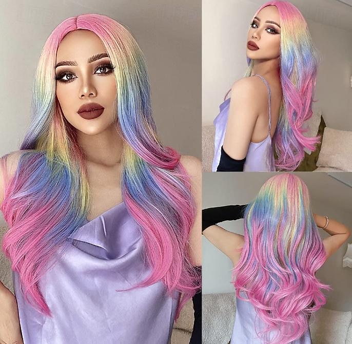 lila blond regnbåge body wave syntetiska peruker för kvinnor 26 tum långt lockigt hår för cosplay tjejer och kvinnor halloween fest eller daglig användning peruk 2026 - $18.99 –P7