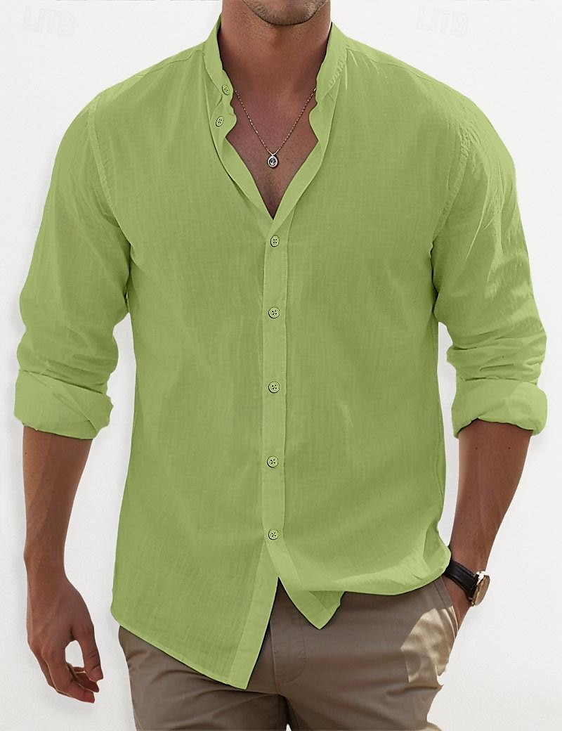 Voor heren Overhemd Overhemd met bandkraag Zomer overhemd Strand Kleding Overhemd met knopen Effen Casual Dagelijks Zwart Wit Blozend Roze blauw Lange mouw Band Kraag Lente zomer Kleding 2025 - $22.99 –P8