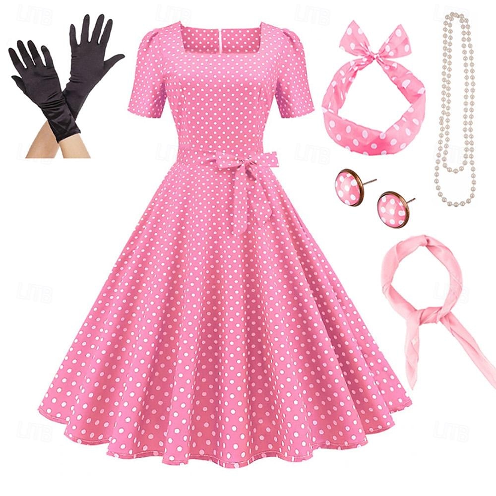 Retrò Vintage Anni 1950 Rockabilly Gonna a cerchio Abito a Linea Tutu A Pois Per donna Festa / Sera Mascherata Addio al Nubilato Adulti Vestito Guanti Orecchini Primavera & Estate del 2025 a $38.99 –P5