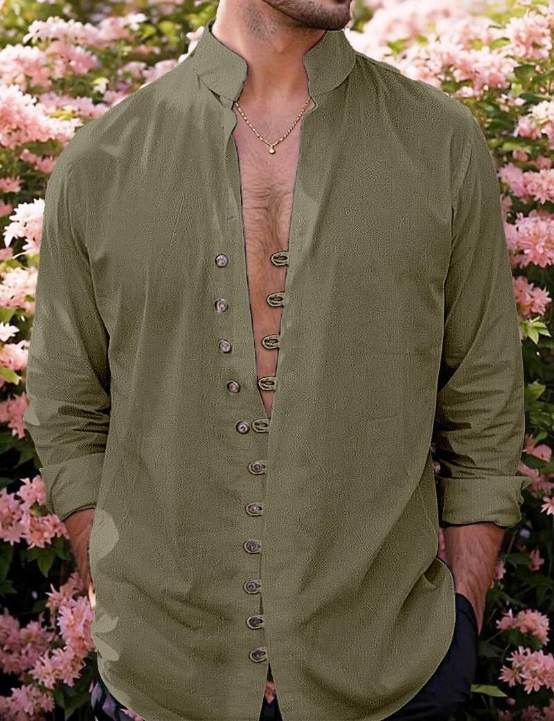 Herren Hemd Leinenhemd Sommerhemd Strandbekleidung Knopfhemd Einfarbig Täglich Strand Schwarz Rosa Khaki Dunkelgrau Langarm Sommer Bekleidung 2026 - $25.99 –P12