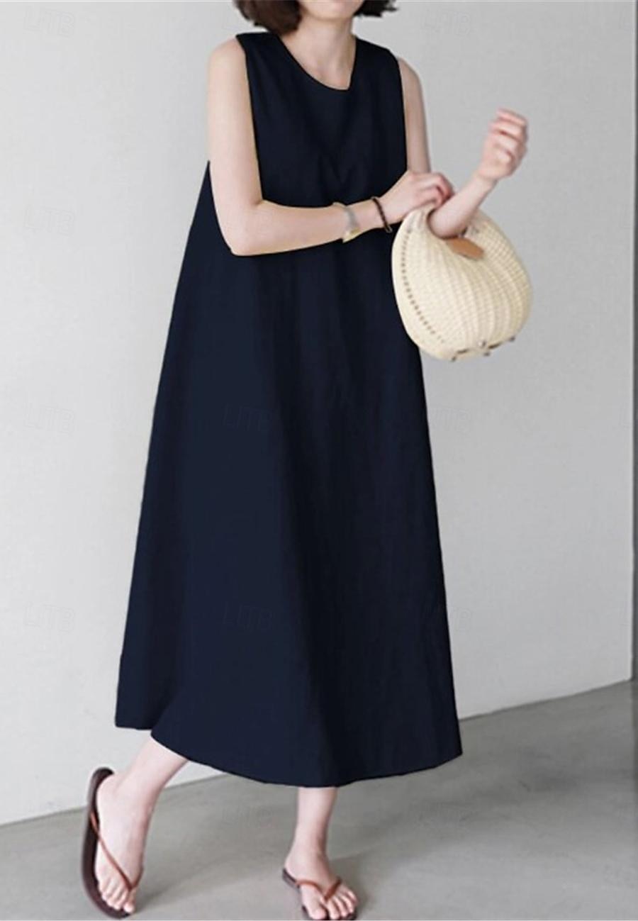 Women's White Wine Navy Blue Summer Spring Midi Dress White Dress Cotton Linen Dresses Sundress Casual Vacation Daily Loose Fit Plain Crew Neck 2025 - $22.99 –P6