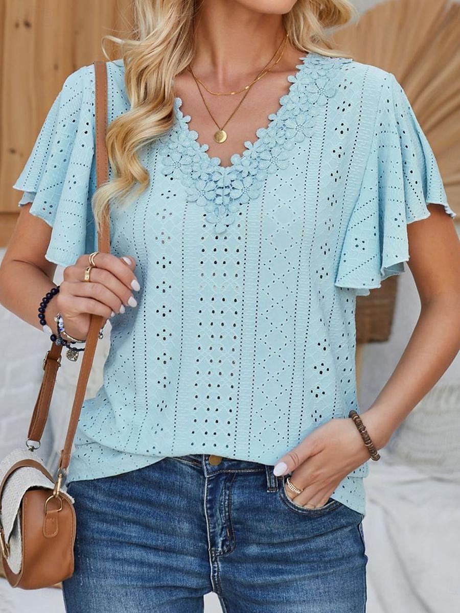 Women's Pointelle Shirt Eyelet Top Lace Shirt Lace Short Sleeve Flutter Sleeve Crew Neck Casual Daily Beach Blue Black White Pink Summer 2026 - $23.99 –P2