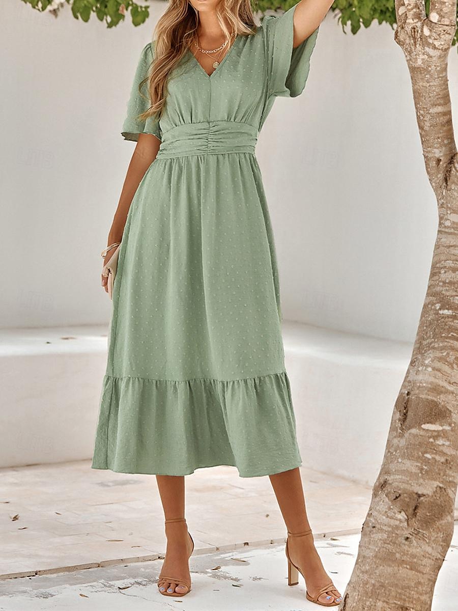 Naisten Rento mekko Midimekko Ruffle Trim Deitti Loma Katutyyli Vapaa-aika V kaula-aukko Puolihiha Ruskea Apila Aprikoosi Väri 2025 - $41.99 –P14