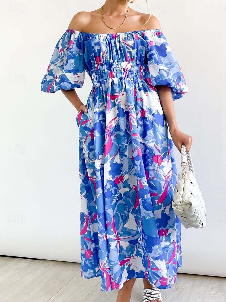 Pentru femei Rochie Lunga Rochie Maxi Rochie casual Rochie leagăn Rochie A line Rochie de vară Stilat Vacanță Zilnic Dată Fit regulat Floral Manșon Jumate De Pe Umăr Roșu-aprins Albastru piscin 2025 - $40.99 –P17