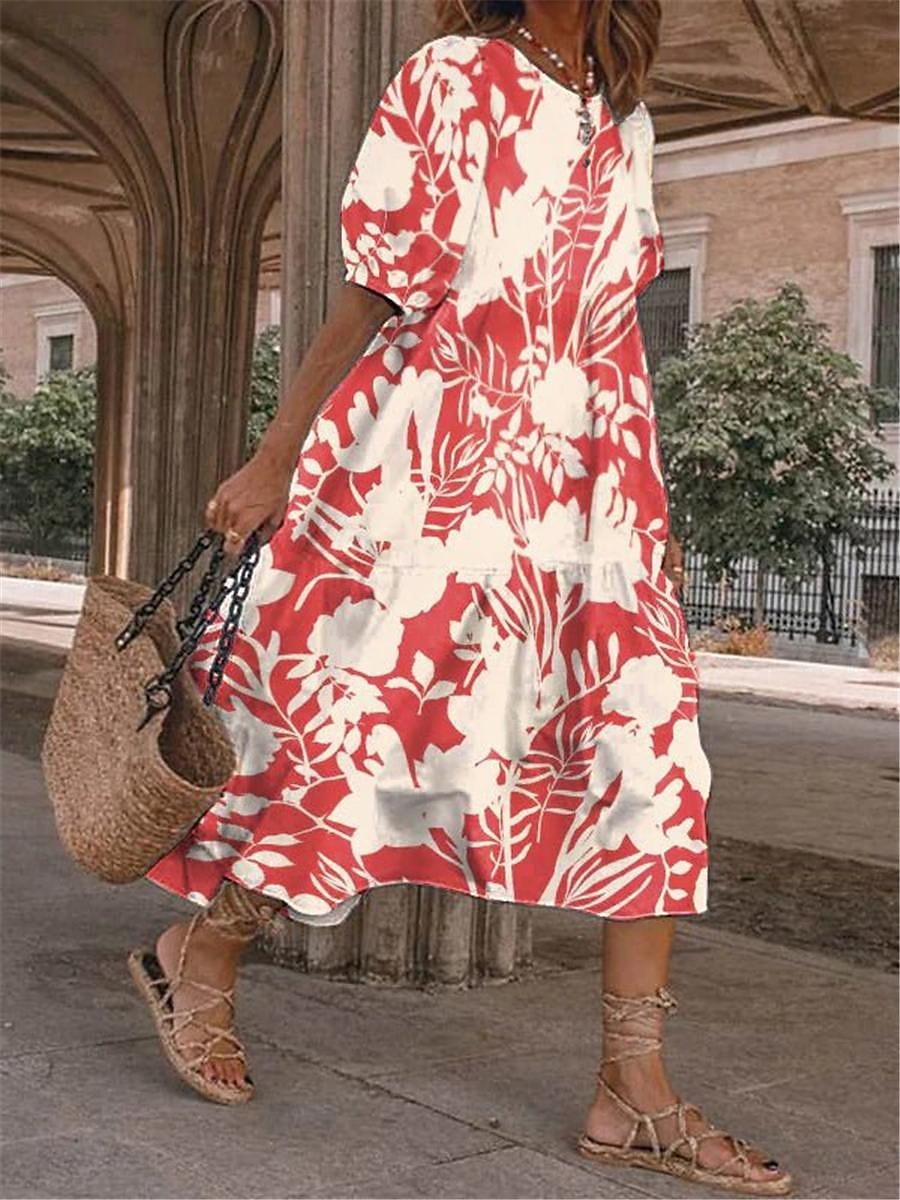 robe décontractée pour femme, imprimé floral, col ras du cou, robe midi élégante, rendez-vous quotidien, manches mi-longues, été de 2025 ? €32.99 –P2