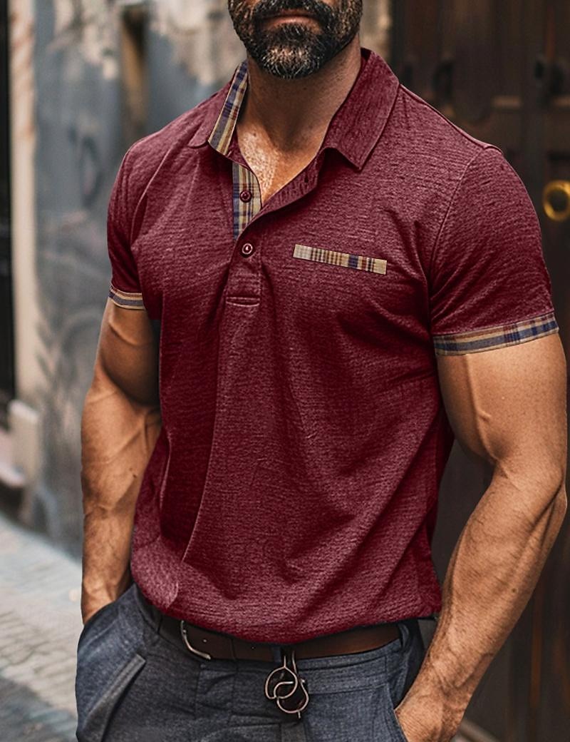 Herr POLO Shirt Golftröja Arbete Ledigt Kavajslag Ribbstickad polokrage Kortärmad Grundläggande Modern Rutig Färgblock Lappverk Knapp Vår & sommar Normal Vin Mörkgrå Marinblå Khaki grön POLO Shirt 2025 - $21.99 –P5