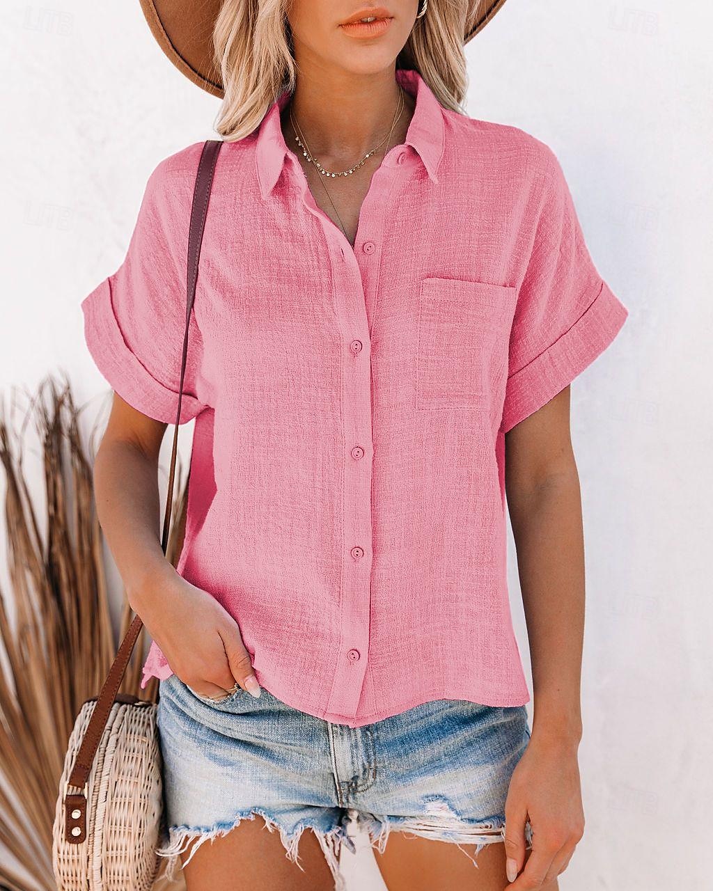 Mulheres Camisa Social Botão para cima Camisa de algodão e linho Blusa Tecido Diário Básico Casual Manga Curta Colarinho de Camisa Tops regulares Trabalho Casual Diário Patchwork Branco Rosa Vermelho de 2025 por $23.99 –P19