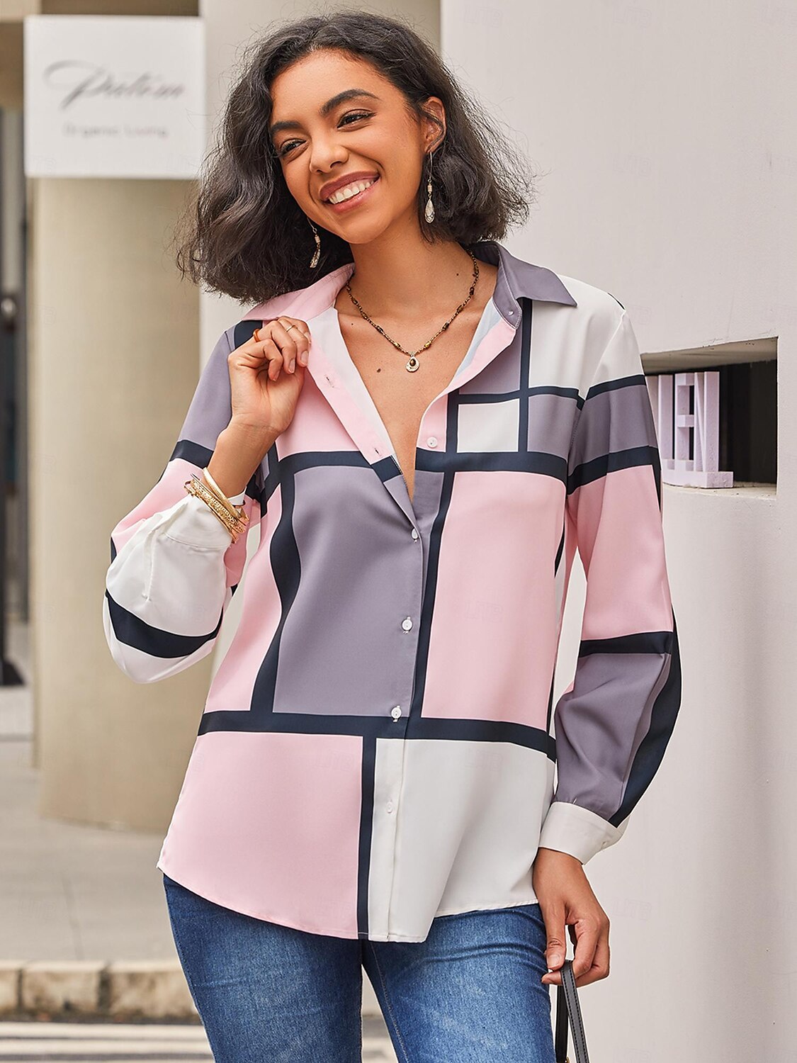 Camicia Donna Moda Flanella Stampa Bottoni Maniche Lunghe Top Regolari Collo Camicia Casual Rosa Viola Primavera Autunno del 2025 a $32.99 –P14