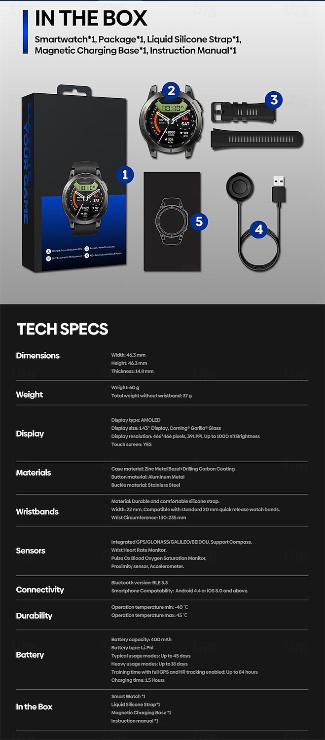 696 Stratos3pro Умные часы 1.43 дюймовый Смарт Часы Bluetooth Педометр Напоминание о звонке Датчик для отслеживания сна Совместим с Android iOS Мужчины GPS Хендс-фри звонки Напоминание о сообщении IP 2025 - $123.99 –P9