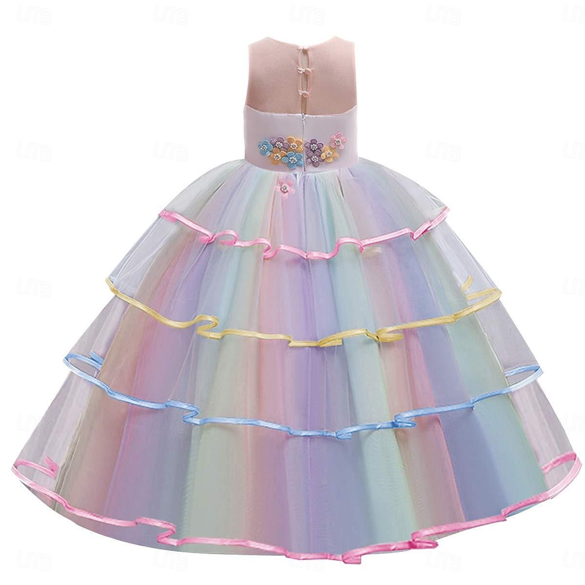 Kids Girls' Dress Color Block Rainbow Sleeveless Party Sweet Polyester Maxi Tulle Dress Summer Spring 3-12 Years Light Pink White Ivory 2025 - $26.99 –P6