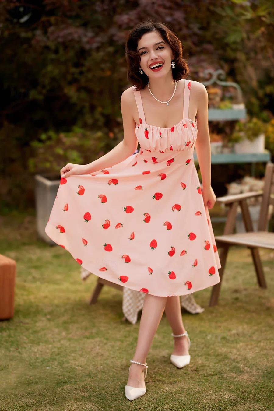 Retro 50. léta Rockabilly Ke kolenům Šaty Houpací šaty Flare šaty Lodičkový Květinový Ovoce Jahody Maškarní kostým Dámské Čajový dýchánek Běžné / Denní loučení se svobodou nevěsty Dospělí Šaty Šaty 2025 - $24.99 –P1