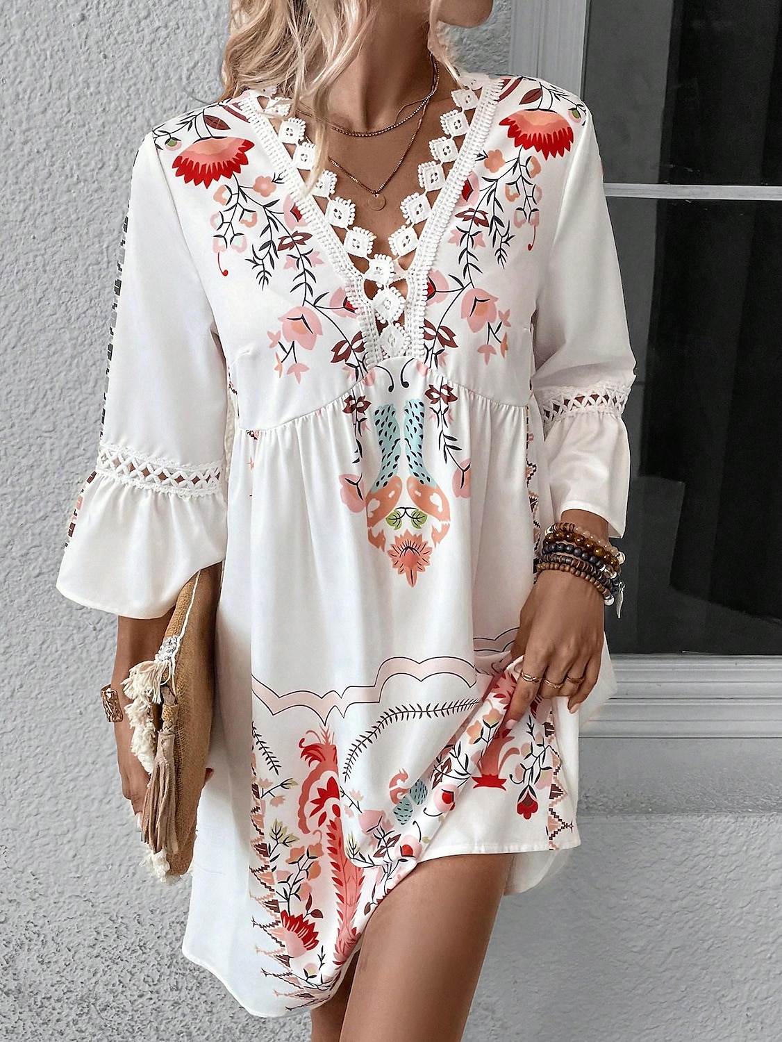 Dámské Midi šaty Šifonové šaty Boho Chic šaty Boho šaty Elegantní šaty Elegantní Čechy Vinobraní Dovolená Denní Rande Štíhlý Květinový Krátký rukáv Do V Černá Světlá růžová Rubínově červená Béžová 2025 - $35.99 –P5