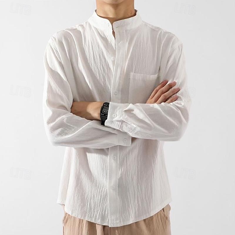 Per uomo Camicia in cotone e lino Camicia con colletto cinese Camicia con colletto alla coreana Semplice Vacanza Nero Bianco Verde militare Manica Lunga Colletto alla coreana Abbigliamento Tasca del 2025 a $25.99 –P3