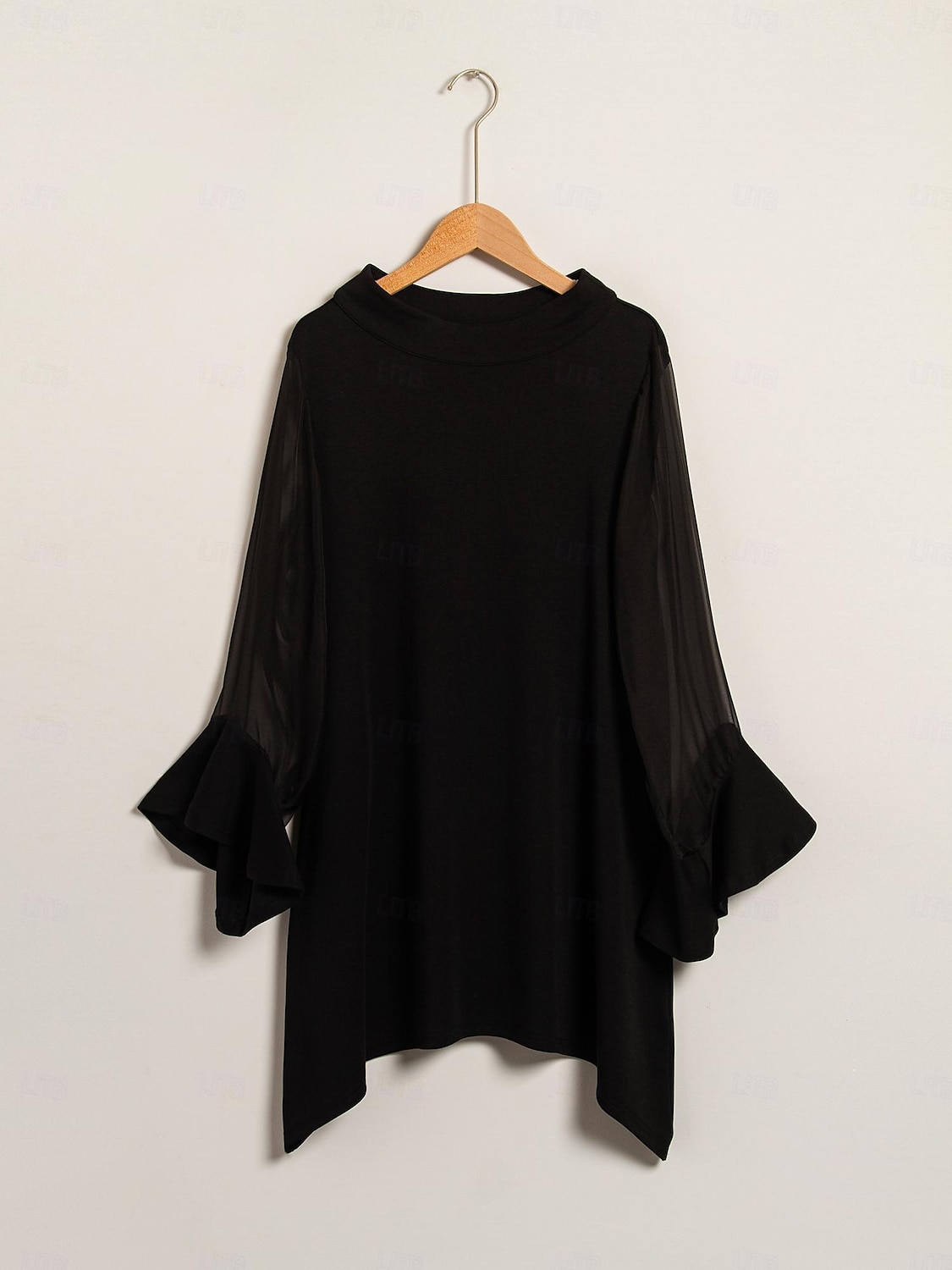 Damenbluse für Hochzeitsgäste, Partys, schwarz, hoher Halsausschnitt, Chiffon, Modal, Patchwork, ausgestellte Manschetten, schmale Passform, elastisch, elegant, lässig, Bürokleidung 2025 - $52.99 –P7