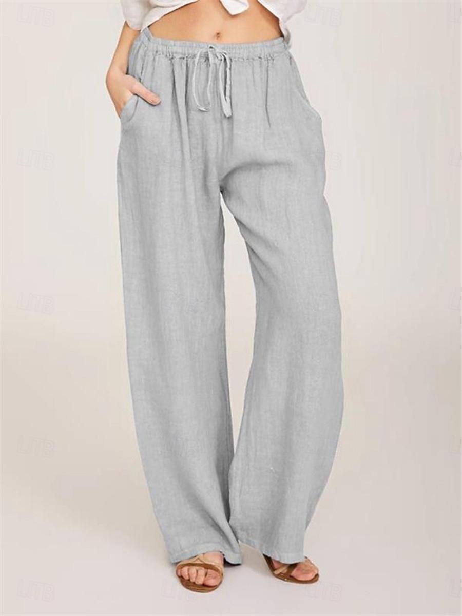 Damen Hose aus Baumwollleinen Komfort Einfarbig Tasche Elastischer Bund Atmungsaktiv Mikroelastisch Heim Schwarz Weiß Wein Marineblau Sommer 2025 - $21.99 –P13