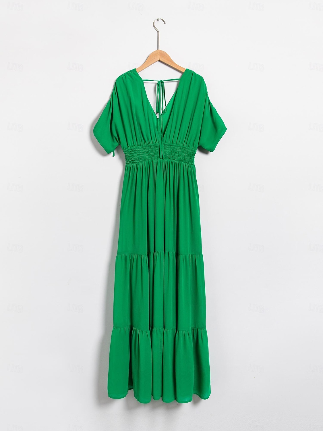 maxi abito grembiule da donna in chiffon verde con scollo a V e allacciatura sul retro del 2025 a $77.99 –P10