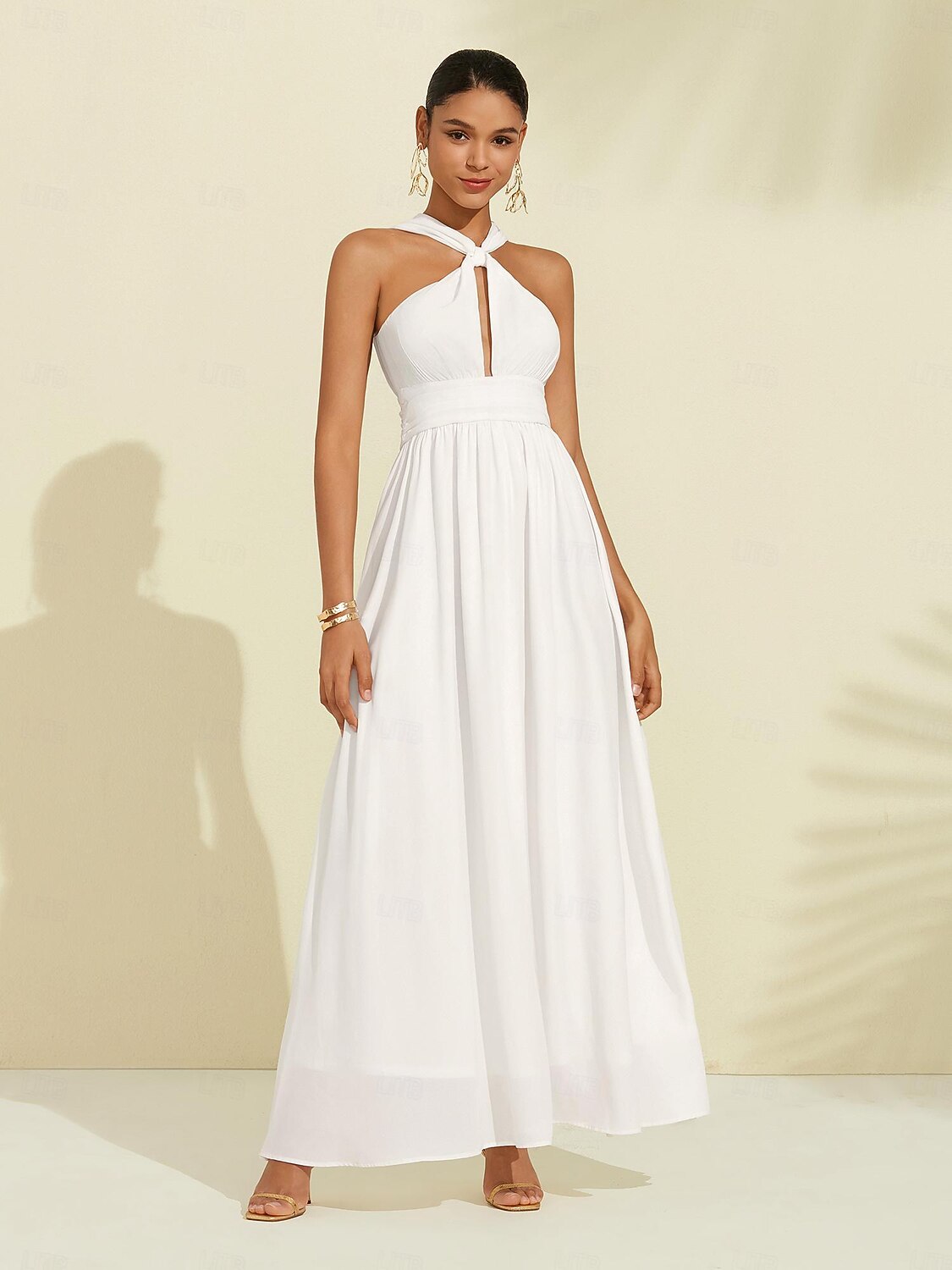 γυναικείο σιφόν λευκό καπίστρι αμάνικο κομψό φόρεμα για πάρτι/γαμήλιο μάξι φόρεμα για να εντυπωσιάσει το 2024 2026 - $69.99 –P6