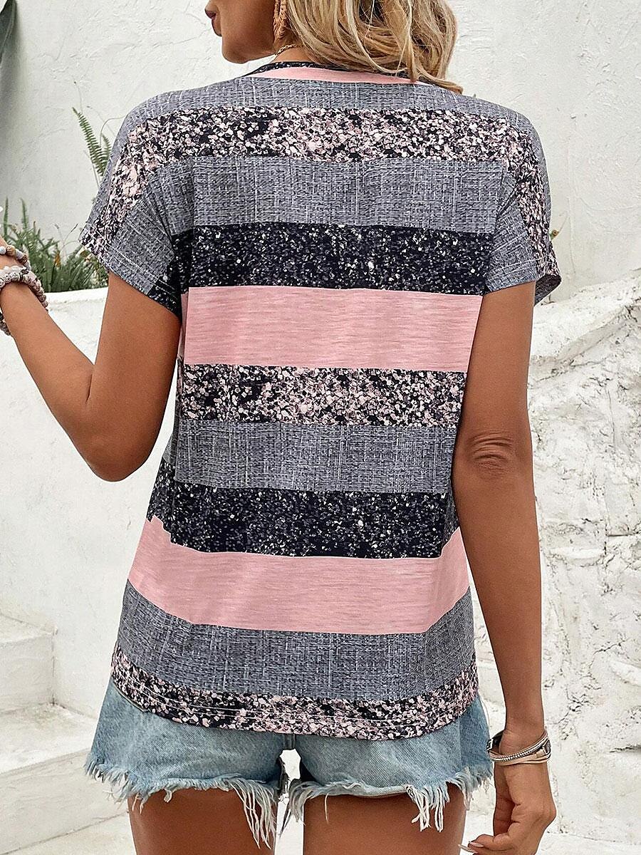 Dames T-shirt Gestreept Sprankelend Stijlvol Korte mouw V-hals Normale tops Dagelijks Uitgaan Knop Afdrukken Blozend Roze Zomer 2025 - $24.99 –P2