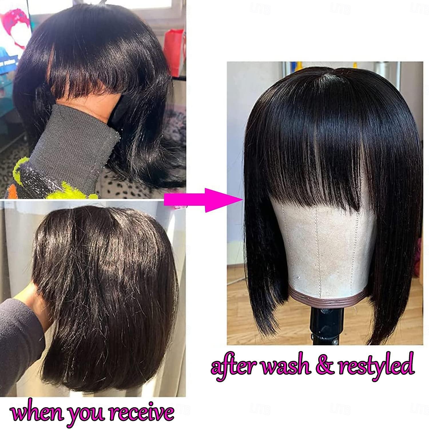 Remy mensenhaar Pruik Kort Recht Zijde Recht Bobkapsel Korte bob Strakke pony Met pony Natuurlijke Kleur Zacht Gemakkelijk aankleden Beste kwaliteit Machinegemaakt Braziliaans haar Dames Zwart 10 2025 - $78.99 –P6