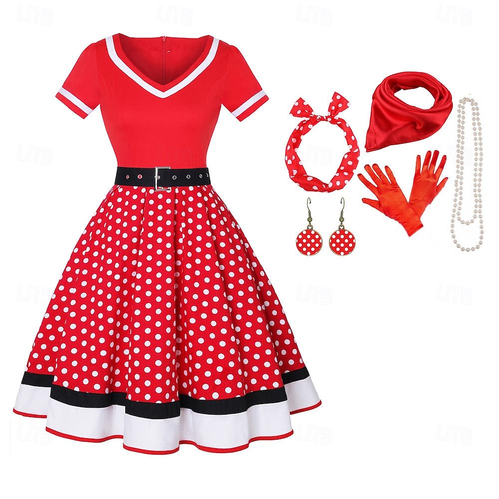 Completo anni '50 vestito svasato cintura 7 pezzi set di accessori anni '50 abito altalena vintage retrò costume cosplay da donna festa appuntamento festival del 2026 a $49.99 –P4