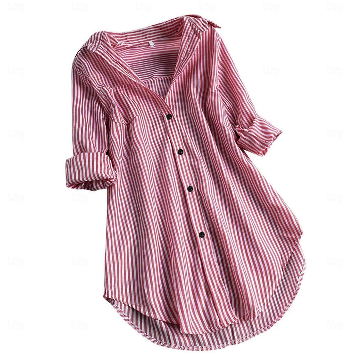 Dames Overhemd Linnen-geïnspireerde overhemden Knoop omhoog Blouse Gestreept Casual Lange mouw Overhemdkraag Lange tops Dagelijks Knop Afdrukken Zwart Blozend Roze Rood Marineblauw blauw Lente 2025 - $27.99 –P5