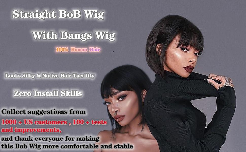Remy mensenhaar Pruik Kort Recht Zijde Recht Bobkapsel Korte bob Strakke pony Met pony Natuurlijke Kleur Zacht Gemakkelijk aankleden Beste kwaliteit Machinegemaakt Braziliaans haar Dames Zwart 10 2025 - $78.99 –P9