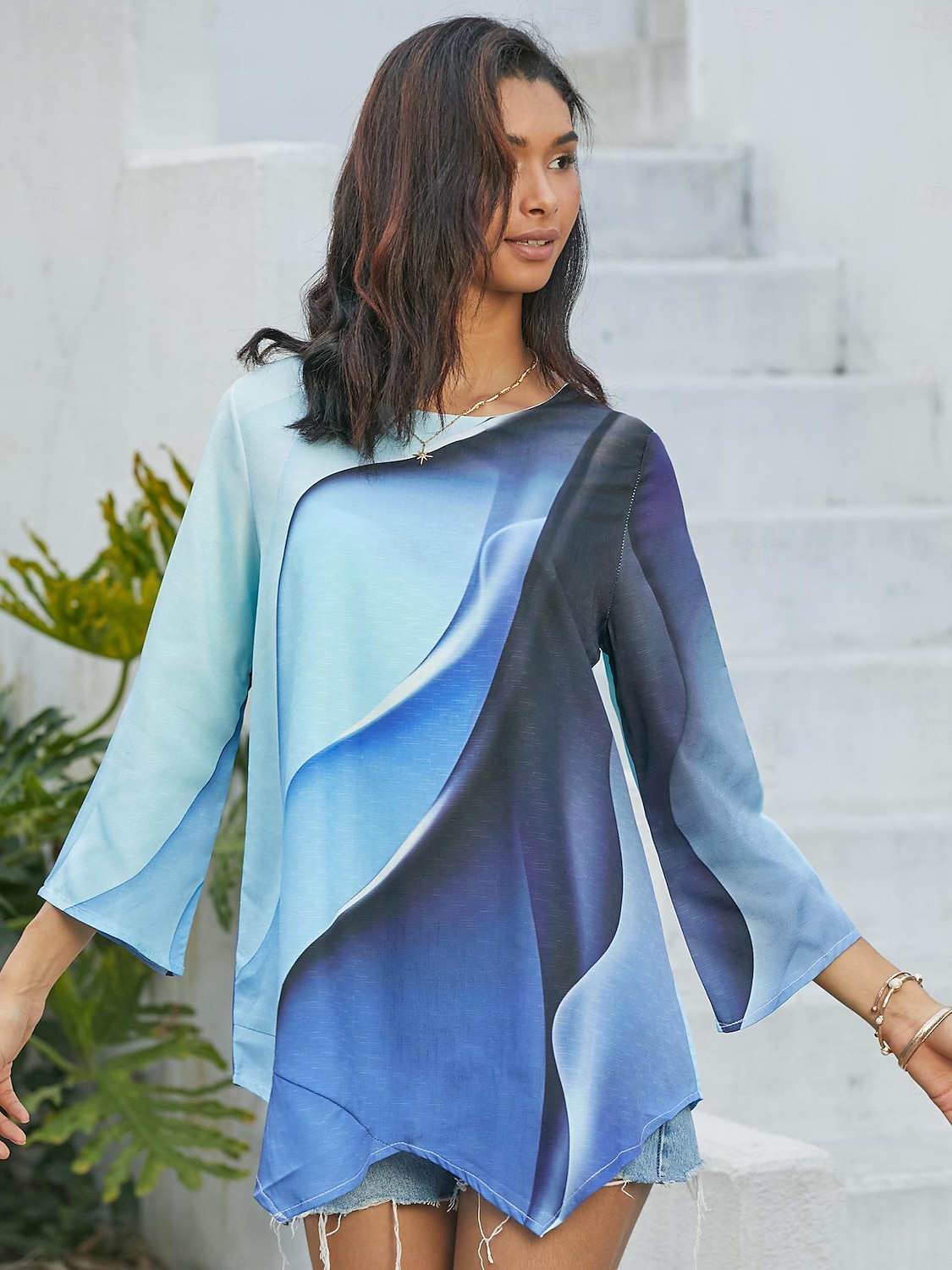 Damblus Chiffon Daglig Enkel Neon  Klara Abstrakt Tryck Lång Ärmar Långa Toppar Rund Hals Avslappnad Blå Höst  Vinter 2025 - $3.39 –P5