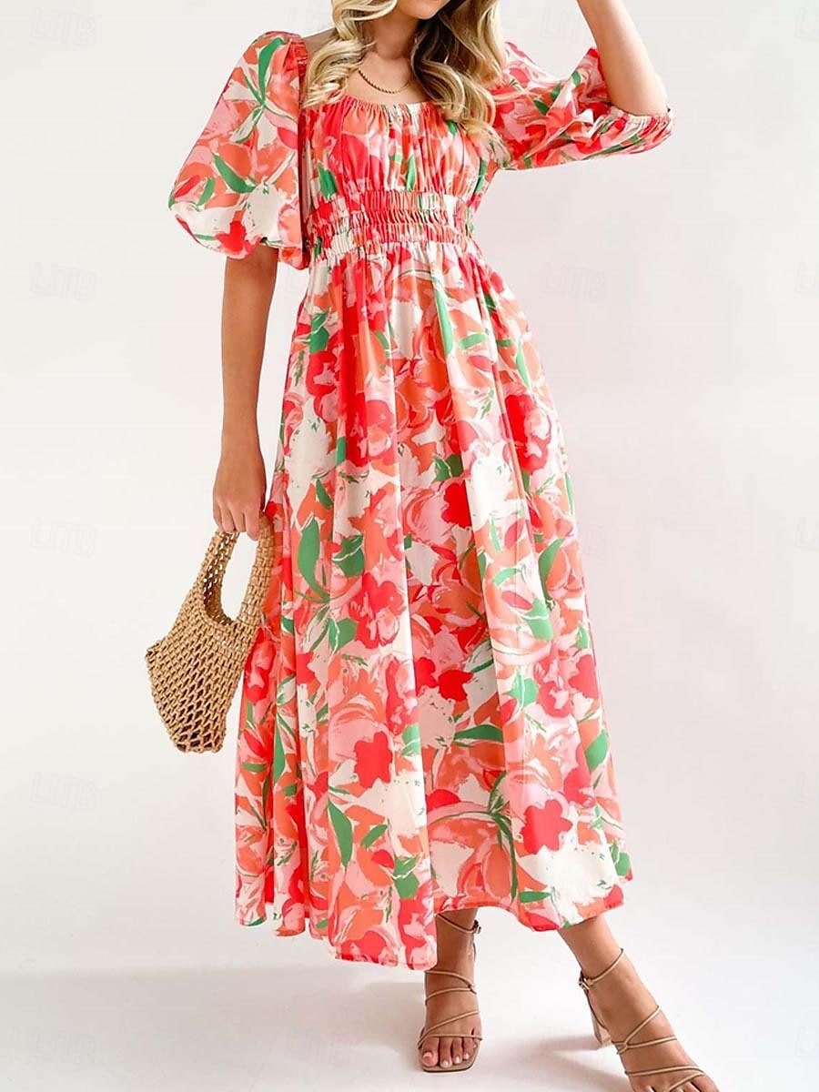 Pentru femei Rochie Lunga Rochie Maxi Rochie casual Rochie leagăn Rochie A line Rochie de vară Stilat Vacanță Zilnic Dată Fit regulat Floral Manșon Jumate De Pe Umăr Roșu-aprins Albastru piscin 2025 - $40.99 –P2