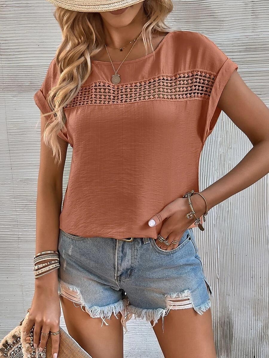 Damen Leinen-inspirierte Hemden Spitzen-T-Shirt Einfach Mode Kurzarm Rundhalsausschnitt Normale Oberteile Urlaub Täglich Spitze Schwarz Blau Braun Grün Khaki Sommer 2025 - $29.99 –P8