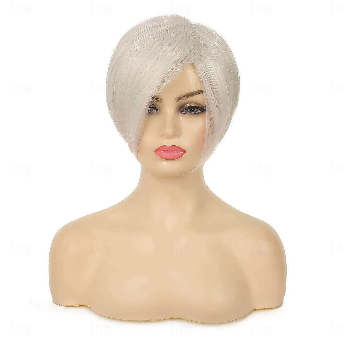 parrucche caschetto corto da pixie per donna parrucca di capelli lisci con taglio a caschetto bianco parrucca sintetica di ricambio per cosplay di Halloween argento bianco nero del 2026 a $18.99 –P2