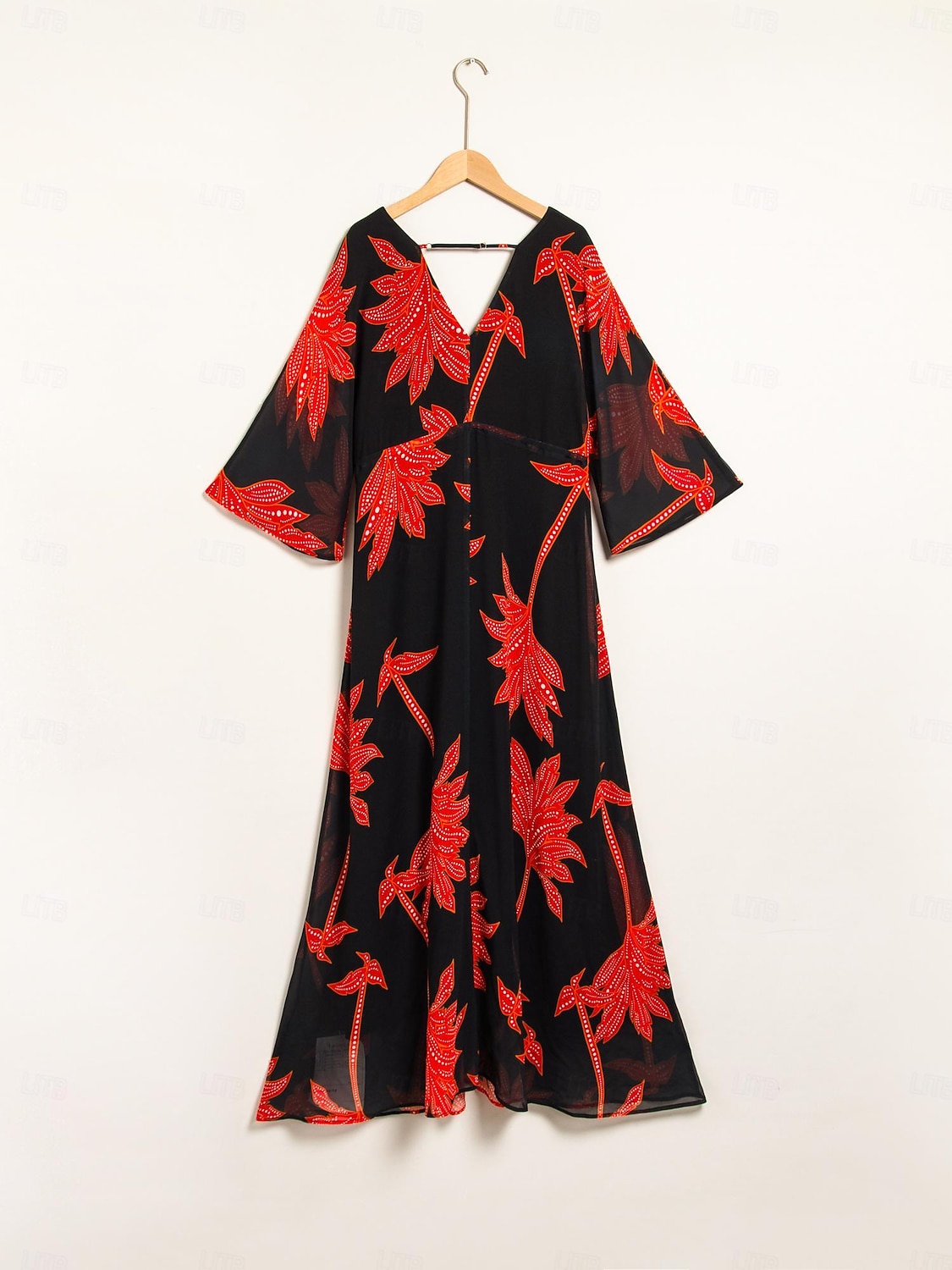 Per donna Abito Stampato Abito maxi Nero Manica 3/4 Foglia Stampa Fiori / Piante Stampa Primavera & Estate Scollo a V Spiaggia S M L del 2025 a $141.99 –P8