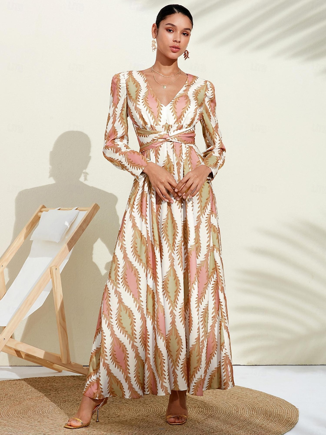 Per donna Orlo maxi Raso Maxi Vestito maxi SALMONE Bianco Manica lunga Modello di piante Fiore / Piante Pulsante pianta Primavera A V Abito volante S M L del 2025 a $93.99 –P4