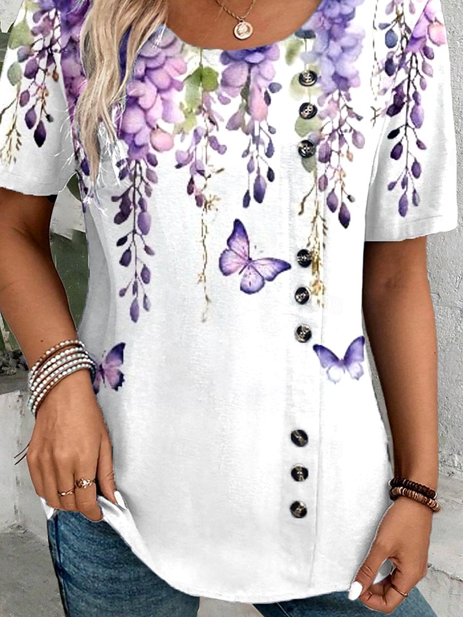 Koszula Damska Ombre Kwiatowa Motyl Codzienna Jak Len Casual Krótki Rękaw Okrągły Dekolt Regularne Top Wakacja Codzienna Patchwork Fioletowa Lato Wiosna 2025 - $22.99 –P3
