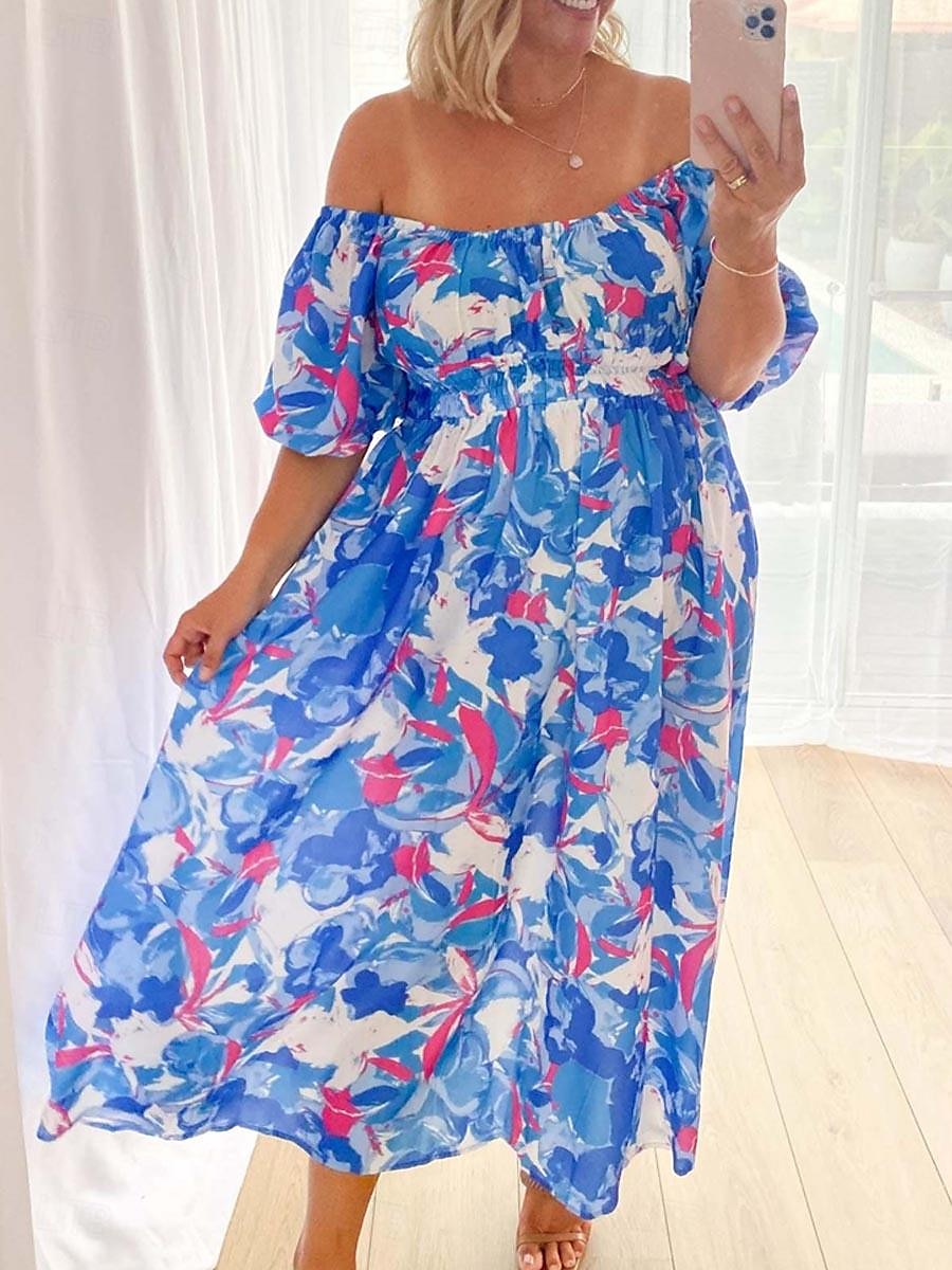 Pentru femei Rochie Lunga Rochie Maxi Rochie casual Rochie leagăn Rochie A line Rochie de vară Stilat Vacanță Zilnic Dată Fit regulat Floral Manșon Jumate De Pe Umăr Roșu-aprins Albastru piscin 2025 - $40.99 –P15