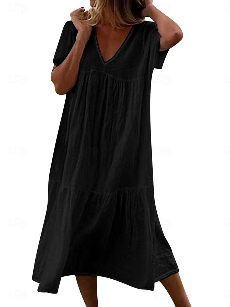 Pentru femei Rochie albă Rochie de in Rochie albă din bumbac Rochii Midi Zdrobit Casual Zilnic Vacanță În V Manșon scurt Vară Primăvară Negru Alb Simplu 2025 - $22.99 –P2
