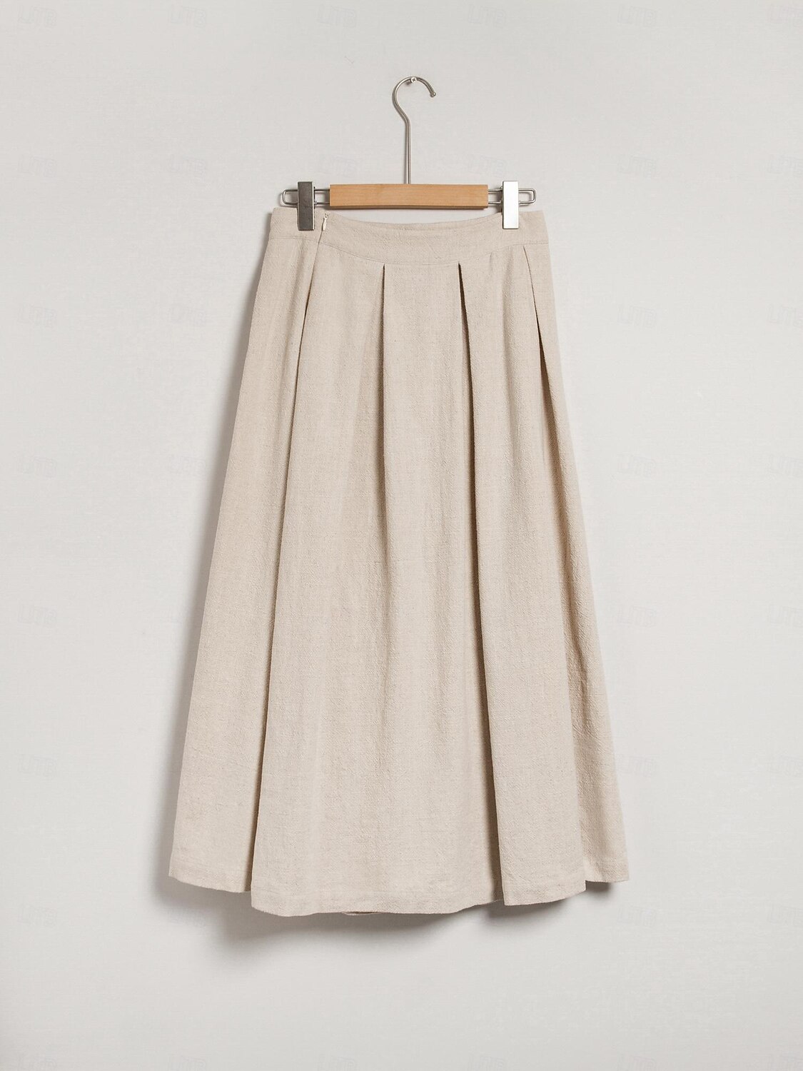 Women's Linen Blend Khaki Box Pleated Midi Skirt 2025 - $72.99 –P9