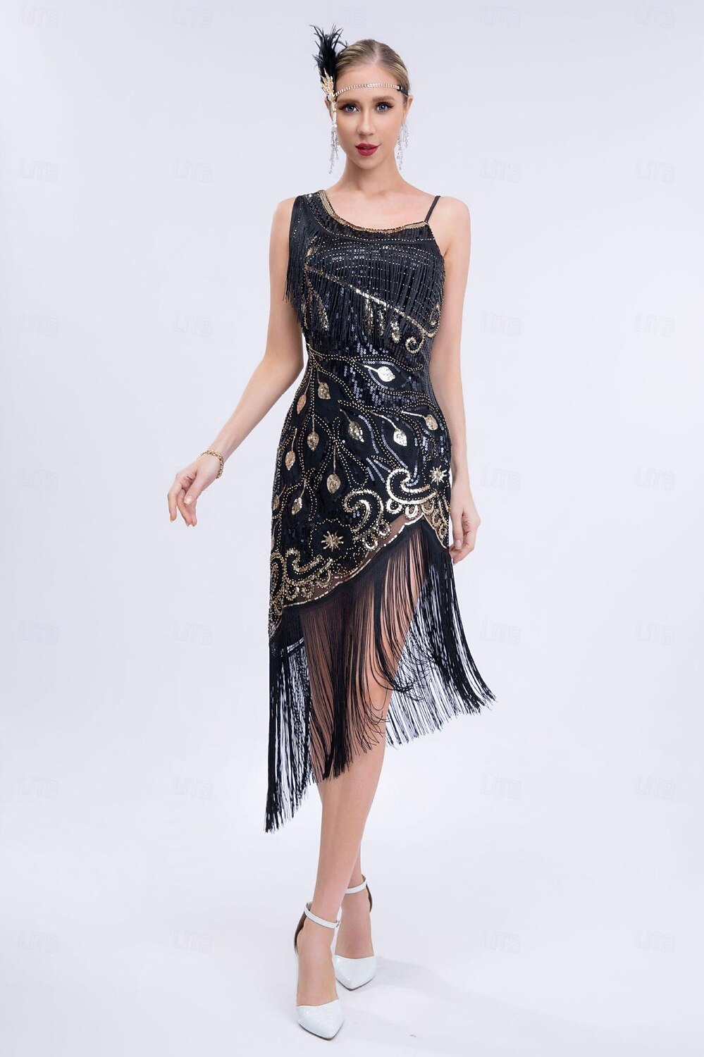 knee length dresses for ladies Wedtrend Women Black Golden 1920s Dress with Fringes Sheath Sequins Midi Spaghetti Straps Gatsby Flapper Dress, Black / XL main image 1